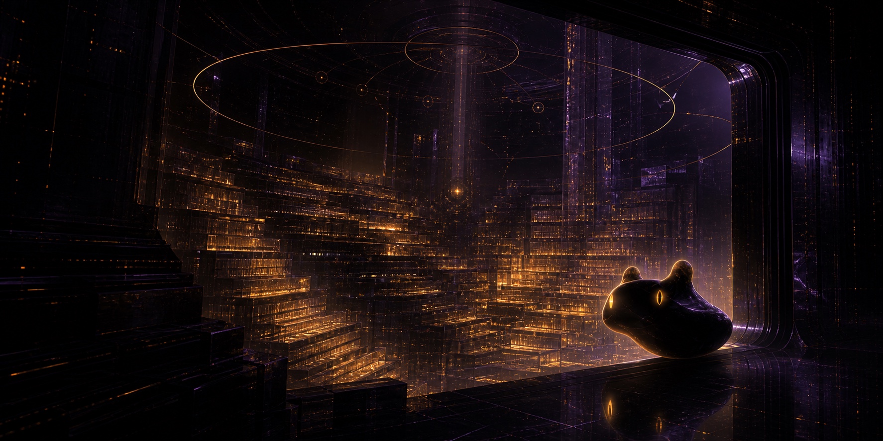 A sealed local memory archive glowing in amber inside Hauntware's computer habitat